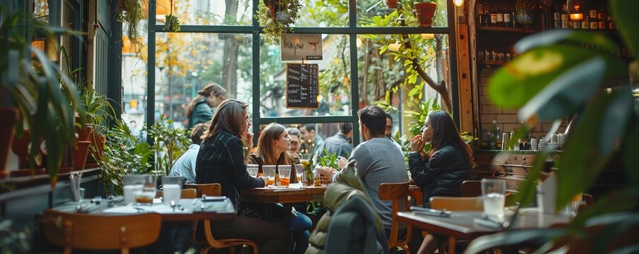 Diverse group of business coworkers having a meeting in a cafe or bar