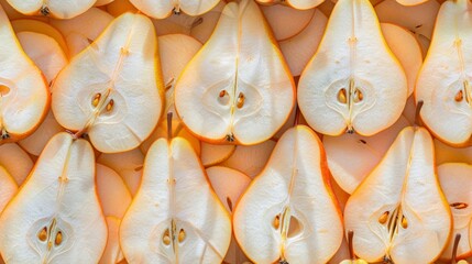 Creative display of pear halves on a vibrant orange background, ideal for food styling and healthy eating topics.