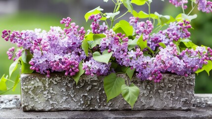 Artistic floral arrangement featuring pink lilacs in a textured stone trough, ideal for garden and design themes.