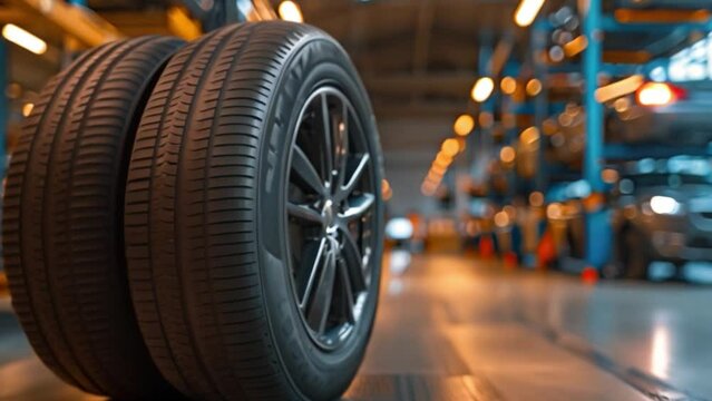 An empty garage floor with new tires on it and wheels with alloy wheels in a car repair shop or tire change shop that sells tires Car wheels with new tires in stock.