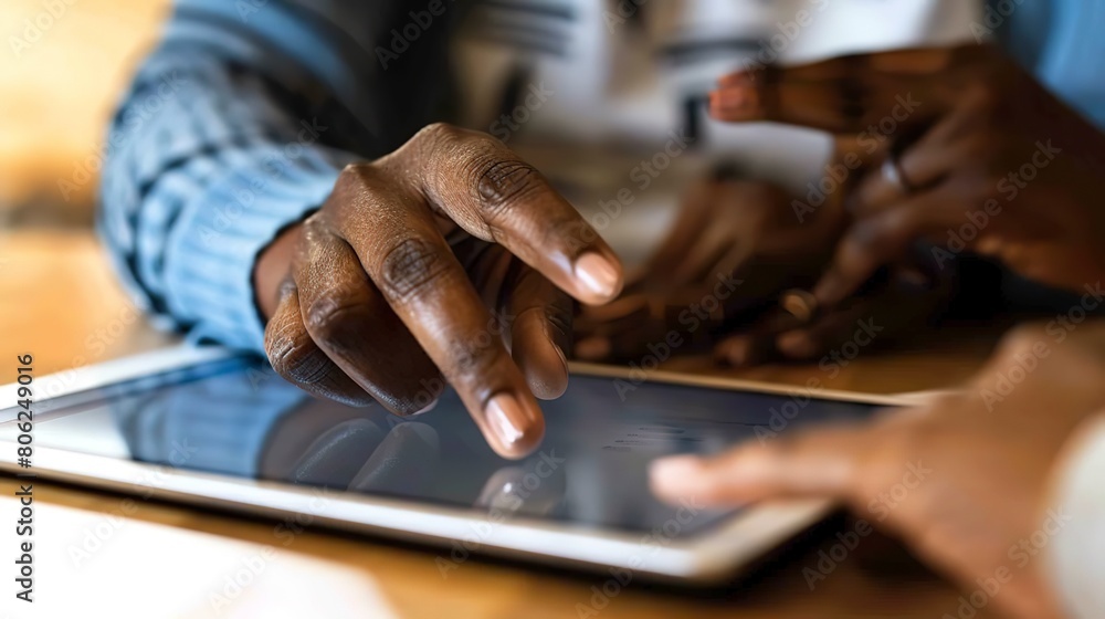 Poster Real estate meeting, close-up of hands pointing at property listing on tablet, detailed view