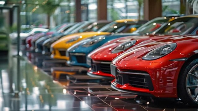 A new car showroom displays luxurious and beautiful vehicles. The gleaming exterior and luxurious interior invite you to experience riding in style. A new car warehouse is on hand.
