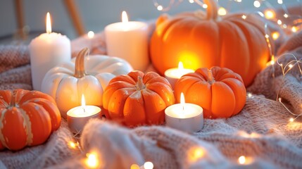 Softly lit pumpkins and candles set against a window, offering a perfect backdrop for festive autumn and holiday projects.
