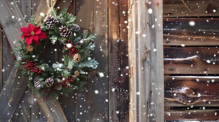 Winter cabin, close-up of holiday wreath on rustic door, snowflakes gently falling 