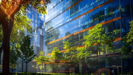 Sustainable Glass Office Building in Urban Area with Carbon-Reducing Trees. Concept Sustainable Architecture, Green Building, Urban Development, Carbon Footprint, Eco-Friendly Design