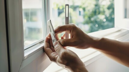 Window sensor installation, close-up of hands placing device, safety measure, bright room 