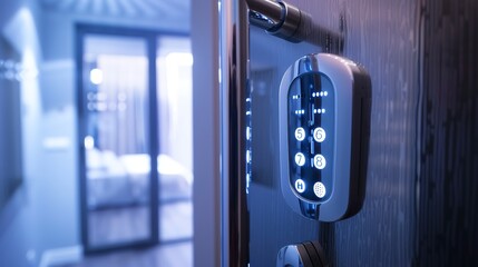 High-tech door lock, digital keypad close-up, secure entry, soft indoor lighting 