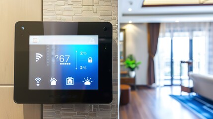 Smart home hub, close-up of screen displaying security settings, modern living, daylight