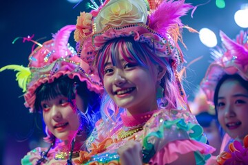 A group of little Asian girls in colorful and adorable outfits that have lots of textured, colored ribbon flowers. And they're enjoying a happy time at a festival.