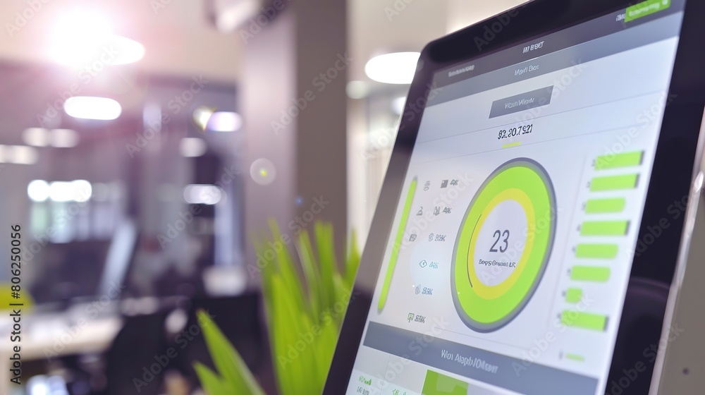 Poster energy monitoring system, app display close-up on tablet, tracking usage, bright screen in office se