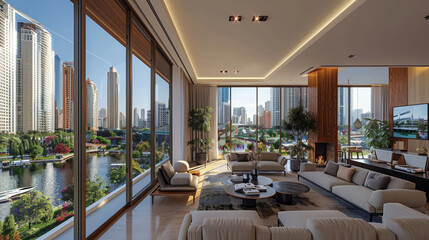 Fototapeta premium Luxurious modern living room with large windows offering a stunning city view, stylish furniture, and natural light.