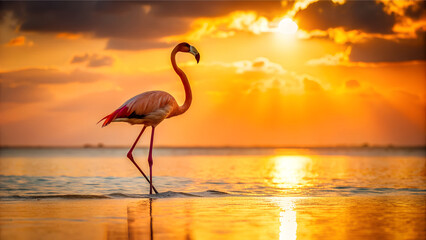 Fototapeta premium beautiful golden colored of flamingo in sunset time. AI Generative