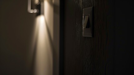 Automated lighting system, close-up of wall-mounted dimmer switch, subtle evening ambiance 