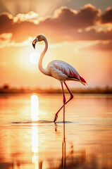Fototapeta premium beautiful golden colored of flamingo in sunset time. AI Generative