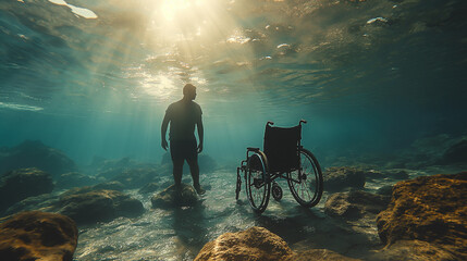 man underwater wheelchair