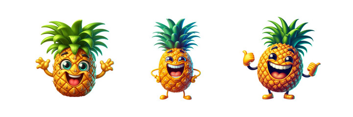 Set of illustration of a pineapple with laughing face, big eyes, arms and legs, isolated over on transparent white background