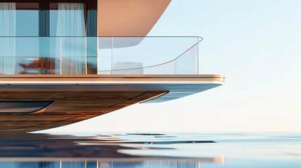Floating home, houseboat hull close-up, waterline perspective, clear sky