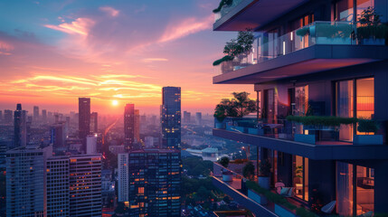 A stunning view from a luxury apartment balcony overlooking a bustling cityscape during a vivid...
