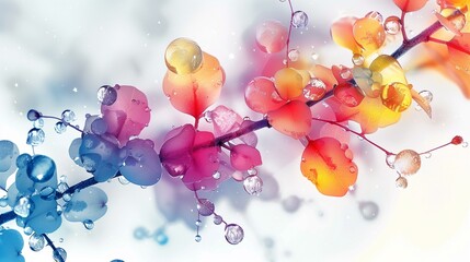 falling colorful leaves with water drops on white background, delicate intricate detailed realistic vibrant