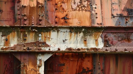 Factory exterior, rusted steel girder close-up, evidence of wear, overcast day 