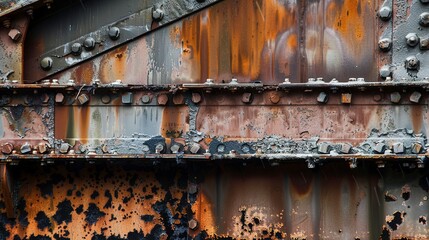 Factory exterior, rusted steel girder close-up, evidence of wear, overcast day