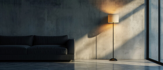 Empty concrete room, apartment with lamp, floor lamp, spotlight. Warm Overlay shadow light effect.Loft interior design mockup,template. Generative ai