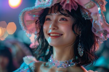Fototapeta premium adorable little long hair Asian female girl friends wearing party witch hats on their heads are smiling happily together at a party.