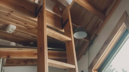 Tiny home, wooden loft ladder close-up, space-saving design, soft interior light 