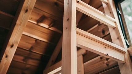 Tiny home, wooden loft ladder close-up, space-saving design, soft interior light 