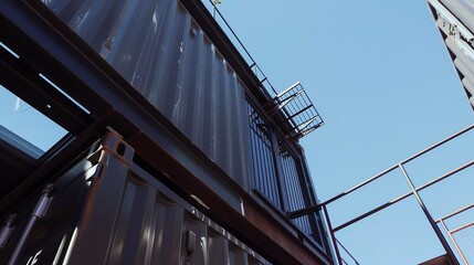 Container home, welded seams close-up, industrial charm, clear sky 