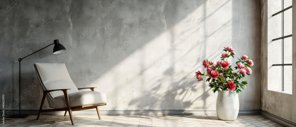 Canvas Prints Modern, contemporary interior mockup with lamp, floor lamp, peonies bouquet flowers, furniture. Overlay shadow light effect. Apartment with empty wall. Generative ai