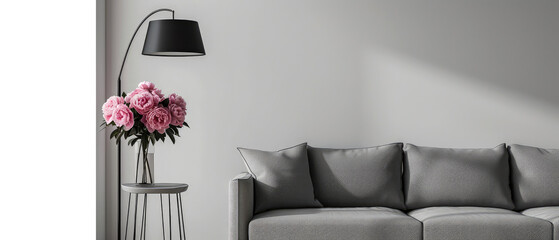 Modern, contemporary interior mockup with lamp, floor lamp, peonies bouquet flowers, furniture. Overlay shadow light effect. Apartment with empty wall. Generative ai
