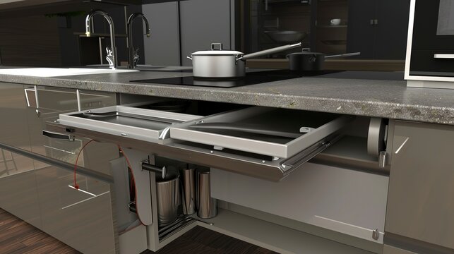 Modern kitchen, lowered countertops, accessible appliances, pull-out cabinets, detailed close-up shot 