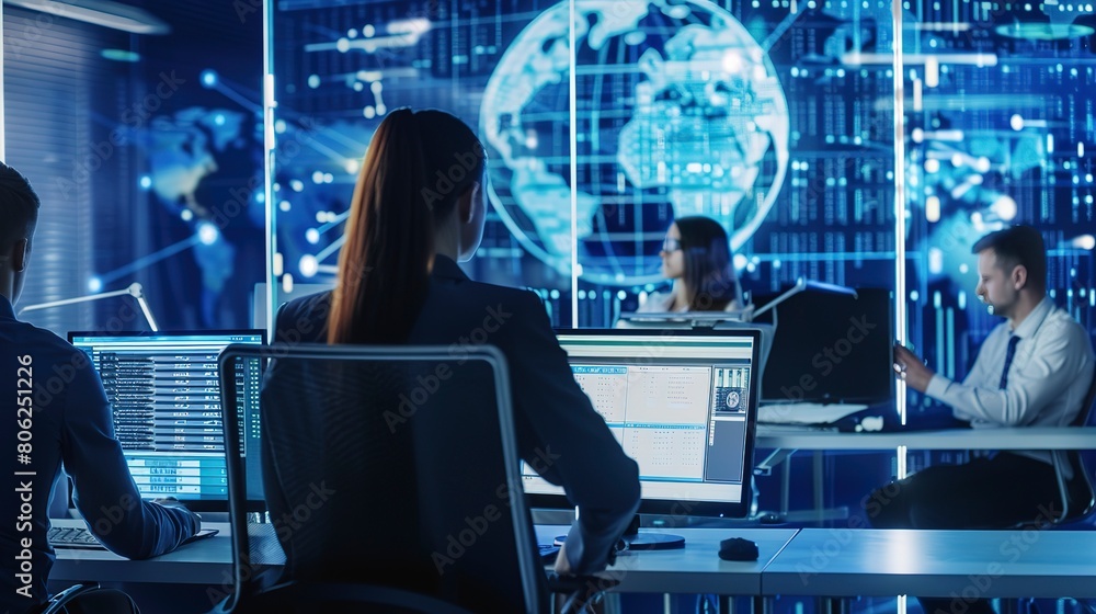 Poster cybersecurity - visuals related to network security, like firewalls or cybersecurity teams in action