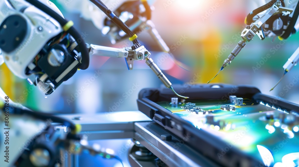 Poster close-up of a mobile device assembly line, sharp focus on robotic arms installing tiny components, i