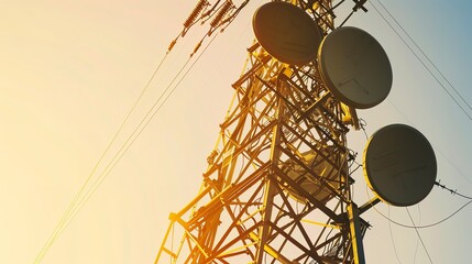 A modern telecommunications tower at sunset, warm golden lighting, close-up on intricate wiring and antennas, clear sky background --ar 16:9 --stylize 0 Job ID: 13fa6251-ef46-4dc8-9c15-5b2caea98518