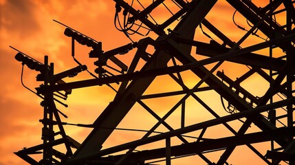 Close-up of a broadcast antenna array at sunset, orange sky, sharp silhouette of the intricate metalwork 