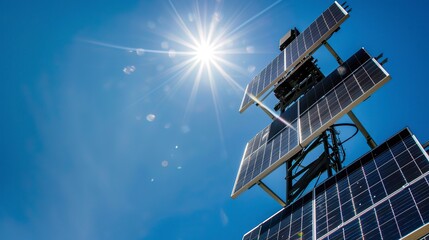 Mobile communication tower with solar panels, close-up on technology integration, bright sunny day, clear blue sky