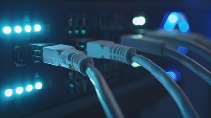 Fototapeta premium Network switch with Ethernet cables plugged in, close-up, LED indicators flashing, dark background with blue lights 