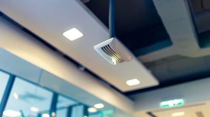 Wireless access point mounted on ceiling, close-up, focus on sleek design and status lights, modern office background