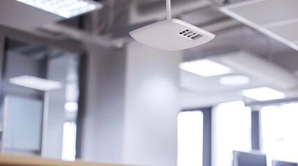 Wireless access point mounted on ceiling, close-up, focus on sleek design and status lights, modern office background 