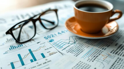 Professional trader analyzing stock market trends, cup of coffee foreground. Focus on financial growth.
