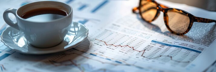 Close-up of a cup of coffee on financial charts, glasses in background. Morning analysis of market trends.
