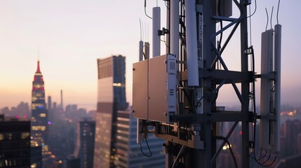 Fototapeta premium Close-up of a 5G mobile network tower, focus on panels and equipment, dusk lighting, city skyline in the background