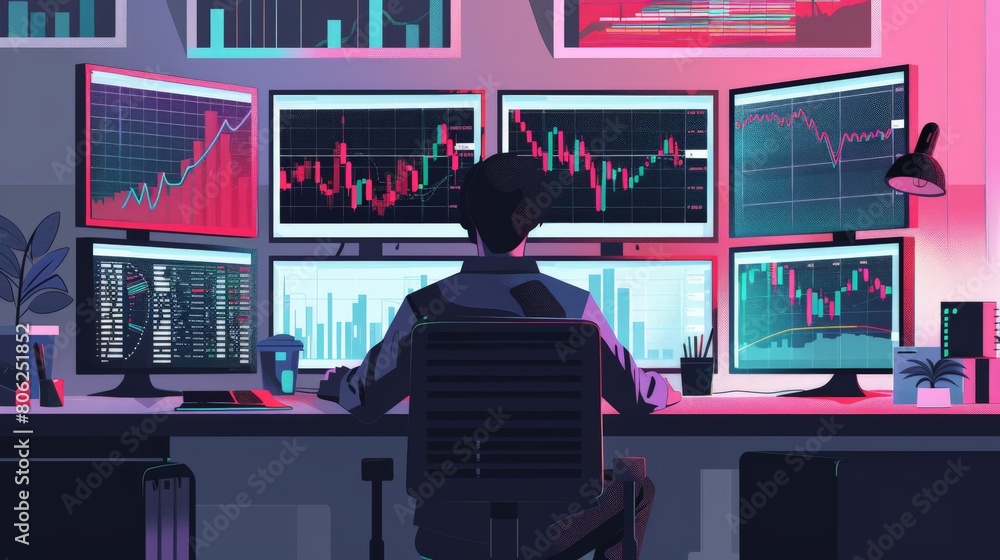 Poster Focused trader monitoring cryptocurrency trends across multiple screens. Analysis of digital and stock markets.
