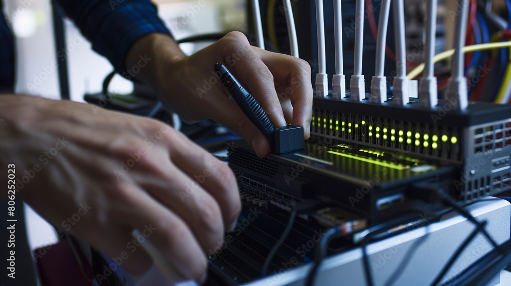 Poster office worker adjusting a wireless router, close-up on hands and device, focused expression, tech