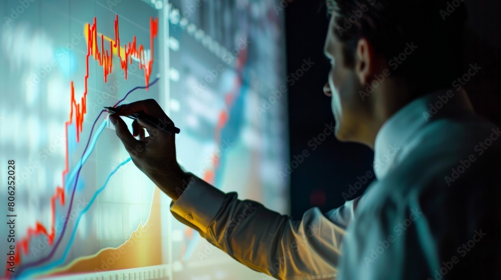 Poster Trader at a well-lit desk analyzing global market trends, focus on data and strategic decision making.