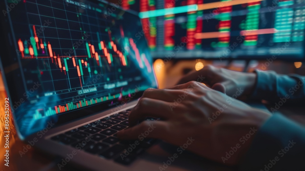 Aufkleber focused stock trader monitoring charts on laptop, identifying stock market opportunities. emphasis o