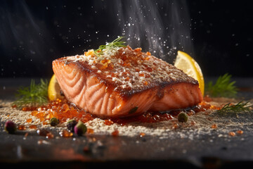 close up sear salmon fillet with hot heat smoke flame 