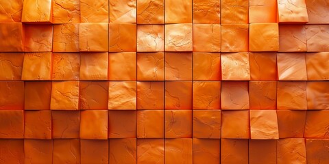 Square, 3D Wall background with tiles. Semigloss, tile Wallpaper with Polished, Orange blocks.